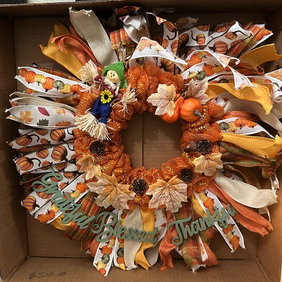 Handmade Fall Wreath with Rustic Scarecrow and Pumpkin Accents - Picture 1 of 4